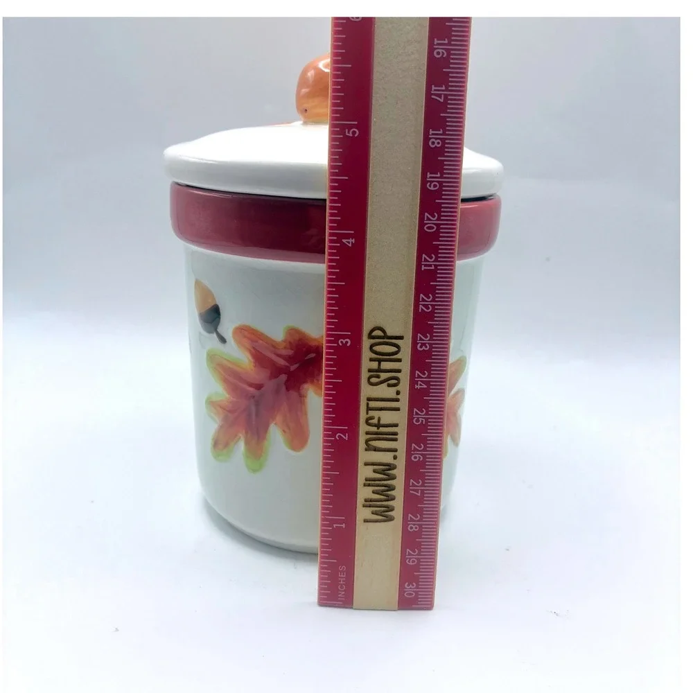 Ceramic Fall Canister 5.5in White Red Autumn Leaves Acorns Finial Lid